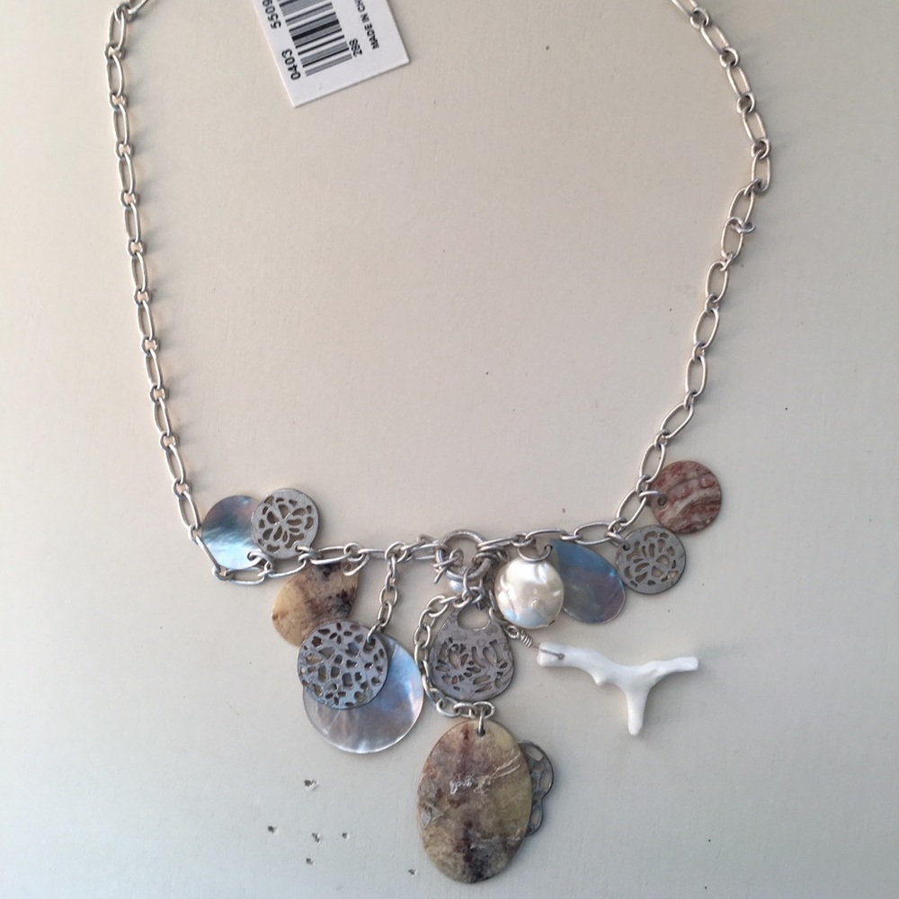 Silver Necklace w/Coral, Shells & Stones NWT